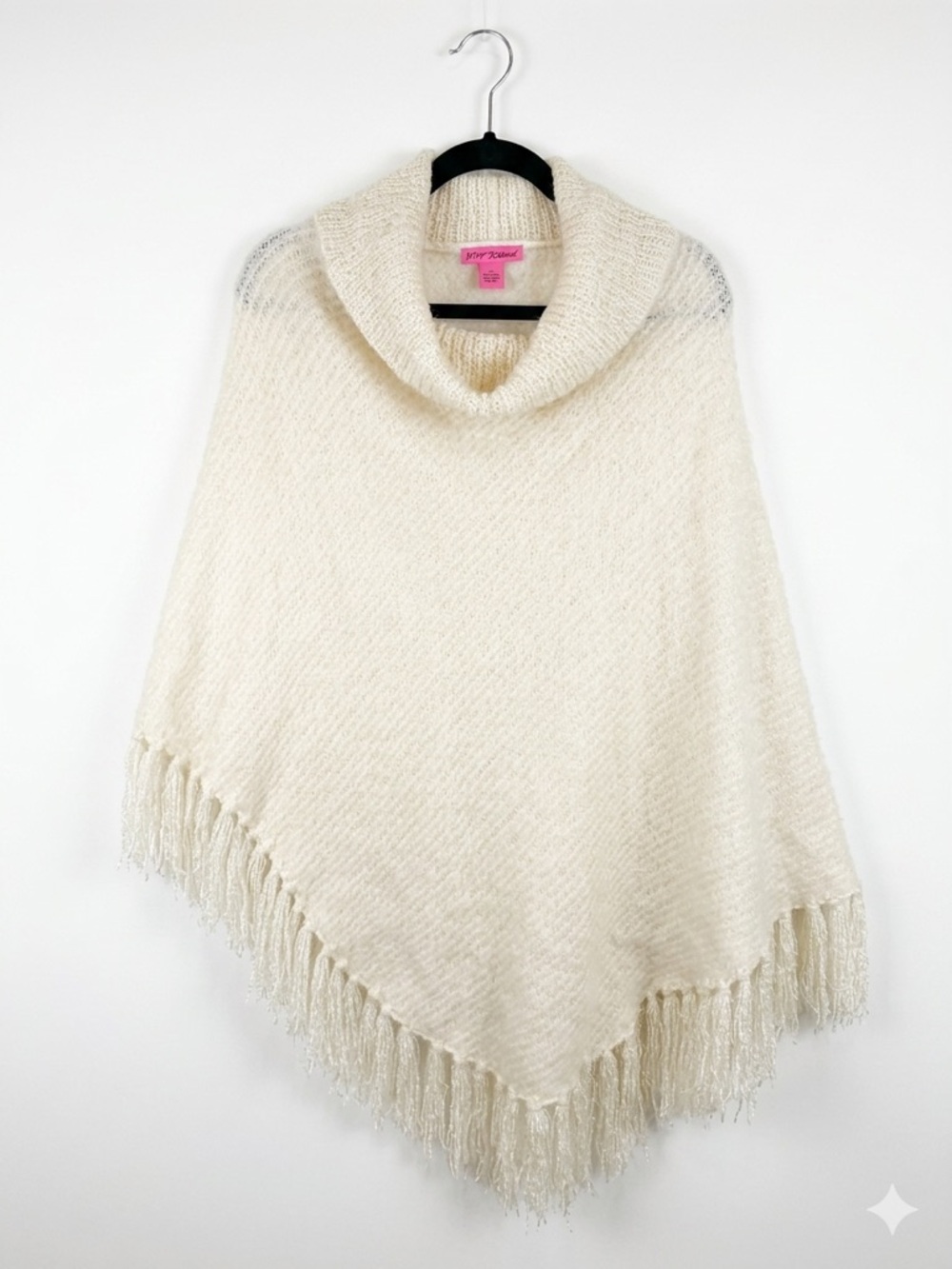 Betsey Johnson Cream‎ Cowl Neck Fringe Asymmetrical Poncho Sweater One Size